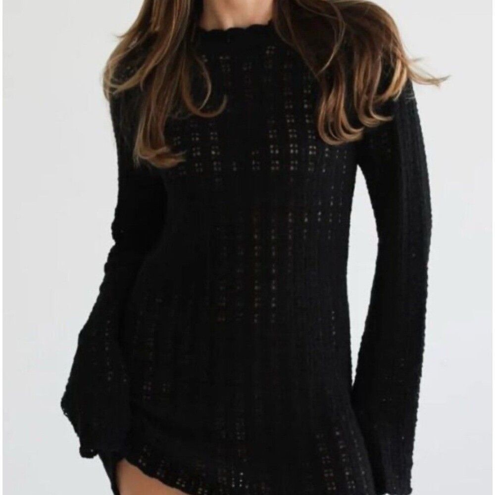 NEW Anthropologie Beyond the Sea Knit Net Mini Dress Black Coastal Boho Medium